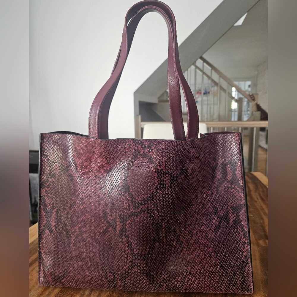 Banana Republic Burgundy Snake Print 100% Leather Tote Bag